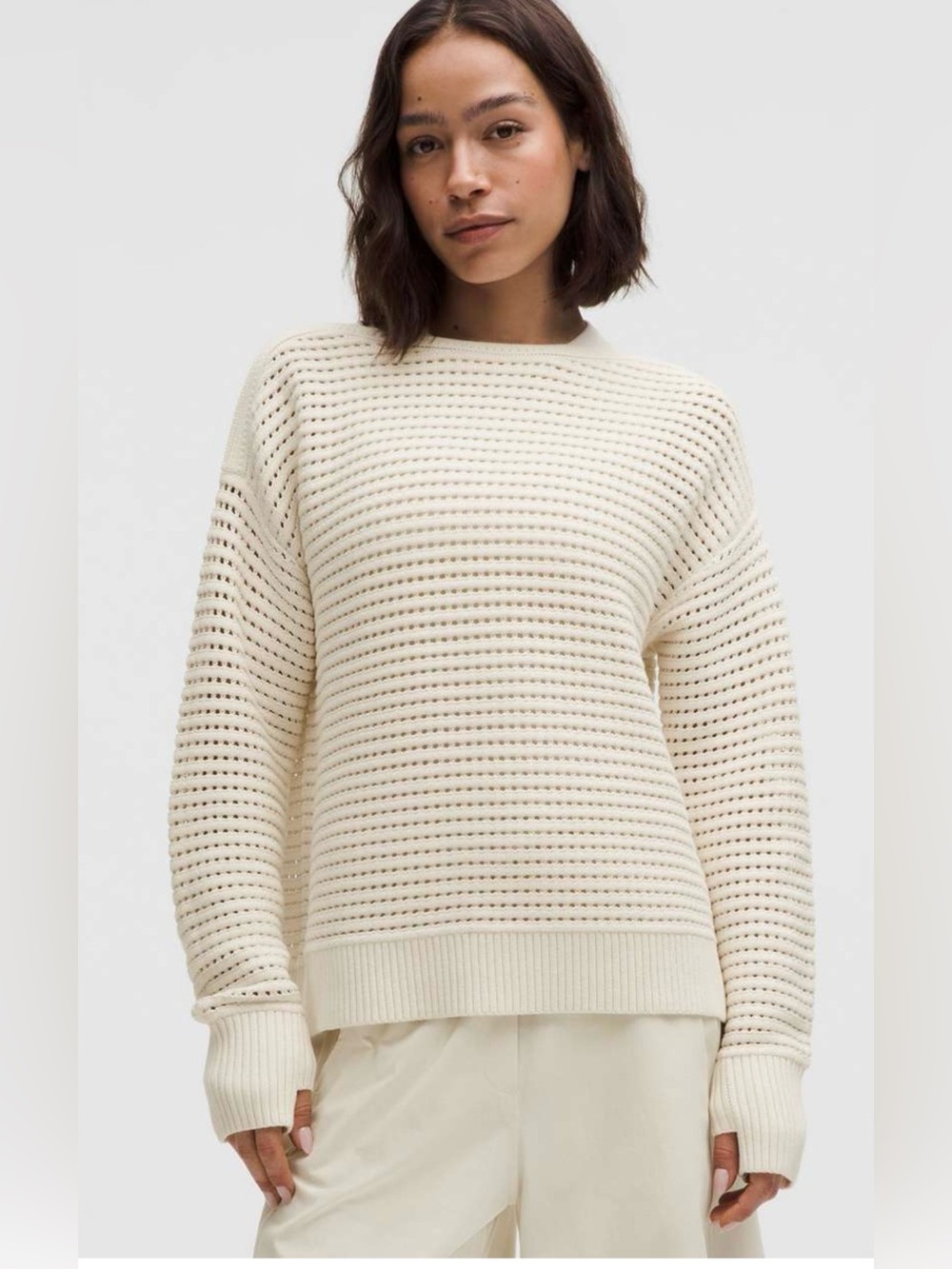 Lululemon crochet open knit pullover sweater cotton cream 8 medium